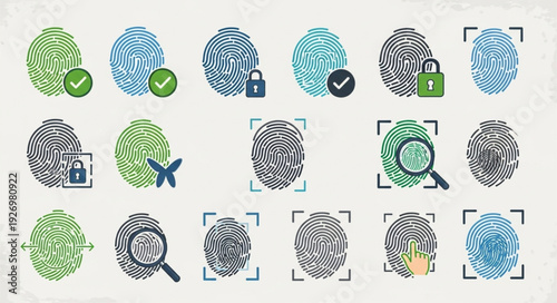 Fingerprint analysis and security concept with various digital icons.