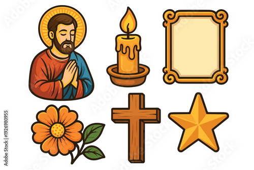 Set of religious Christian icons including a praying saint with a halo, a wooden cross, a lit candle, a star, a flower, and an ornate frame in a colorful cartoon illustration style