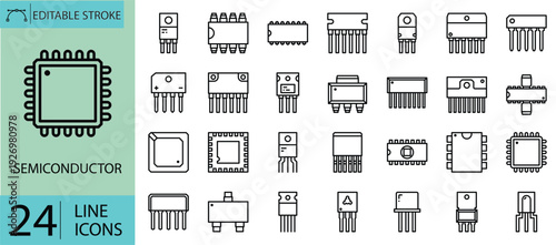 Semiconductor icons set. Includes symbols of microchips, processors, circuits, wafers, transistors, and electronic components. Editable stroke. Vector illustration. Outline icons.