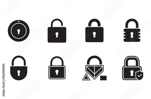 Security lock icon set featuring various padlocks including open closed and protected designs with keyhole details for privacy safety authentication data encryption and web guard