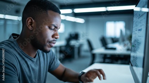 Focused Male Professional Analyzing Data on Modern Desktop Computer in Contemporary Office Environment