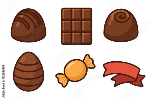 Collection of assorted chocolate candies and sweets including a bar, pralines, an egg, and a wrapped bonbon with a red ribbon banner in a cute cartoon vector illustration style