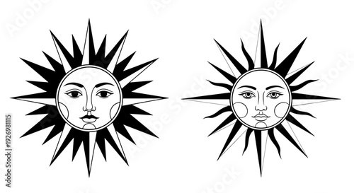 Sun face vector illustration set. Includes two stylized suns with human faces and radiating rays. Created in black and white line art style.