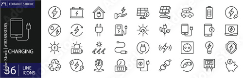 Charging icons set. Includes symbols of batteries, power plugs, electric charging, energy, and devices. Editable stroke. Vector illustration. Outline icons. Perfect for technology.