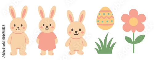 Cute collection of Easter clip art illustrations featuring adorable bunnies, a decorated egg, and a flower in a charming pastel flat design style