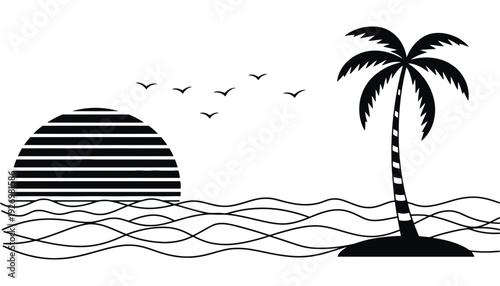 A black silhouette of a palm tree on a tropical island at sunset