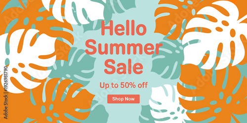 Hello Summer Sale Up To Fifty Percent Off Shop Now Button With Tropical Leaves