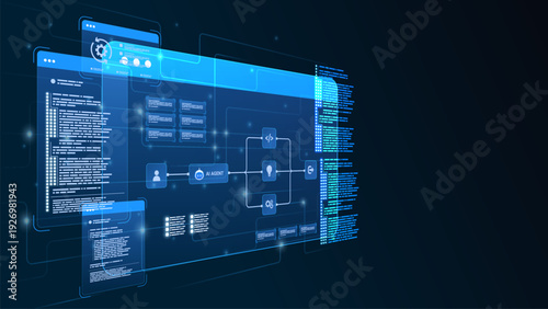 AI workflow automation artificial intelligence. ai agent network diagram dashboard machine learning data flow process, coding and processing system.