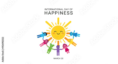 Colorful Paper People Holding Hands Around Smiling Sun.