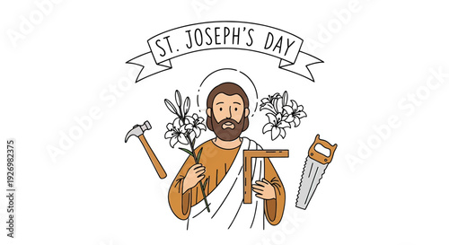 Illustration of Saint Joseph with Carpenter Tools.