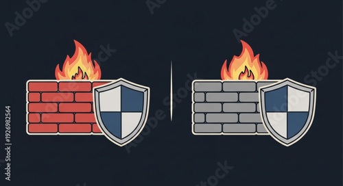 Firewall security concept with brick wall and shield protection illustration.