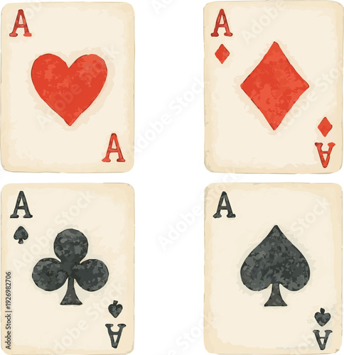 Vector watercolor illustration of a collection of ace cards