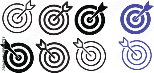 Black and Blue Target Icons with Darts dartboard bullseye