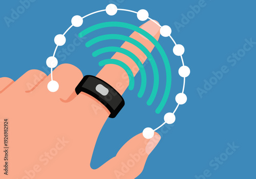 A hand interacts with a smart ring glucose sensor, displaying data. Modern, clean illustration. Focus on technology and health monitoring. Ideal for digital marketing.