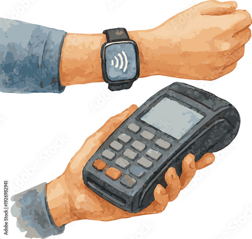 Vector watercolor illustration of hands paying with smartwatch