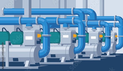 Industrial hydrogen compressor station with blue piping and motors. Modern, technical illustration. Clean, professional aesthetic for commercial use.