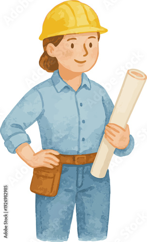 Vector watercolor illustration of a female engineer