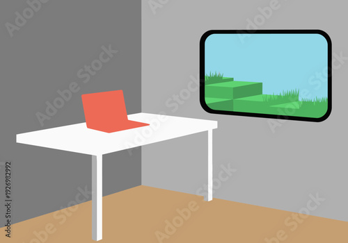 A minimalist workspace features a laptop and scenic view. Clean lines and a modern aesthetic create a productive and calming atmosphere. Ideal for business or remote work visuals.