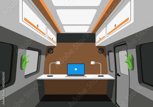 Modern van office interior showcases a sleek workspace with a laptop, desk, and warm wood paneling. Clean lines and ample lighting create a productive and stylish mobile office setup.