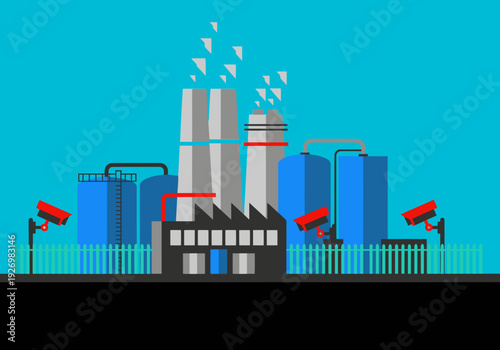 Refinery security illustration featuring surveillance cameras, tanks, and a building. Modern, industrial style with a dark background. Ideal for tech and security concepts.