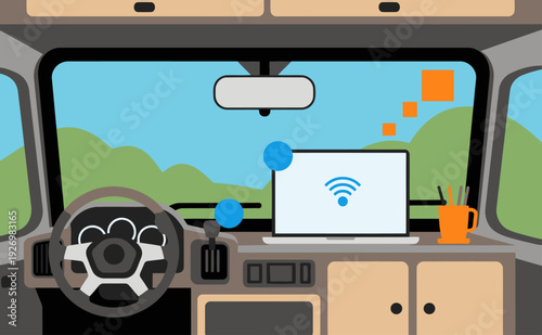 A remote work van interior showcases a driver working on a laptop with a scenic view. Modern, functional workspace for mobile professionals. Bright, inviting, and productive.