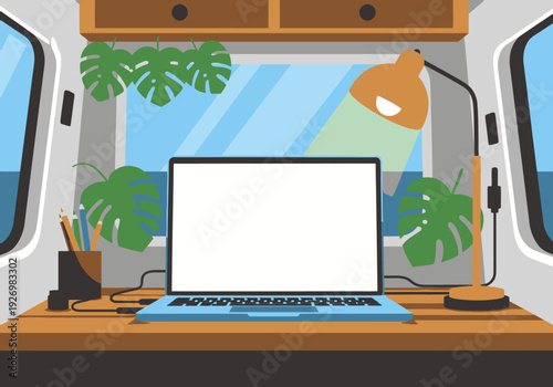 A stylish van office setup features a laptop, desk lamp, and tropical plants. Bright, modern, and ideal for remote work visuals.