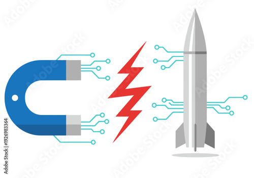 A stylized graphic depicts a magnetic force repelling a rocket, symbolizing defense technology data. Modern, digital illustration with circuit board details.