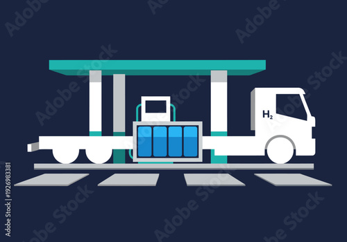 A stylized fuel cell truck station illustration. Modern, clean design featuring a hydrogen truck and fueling equipment. Ideal for sustainability and transportation concepts.
