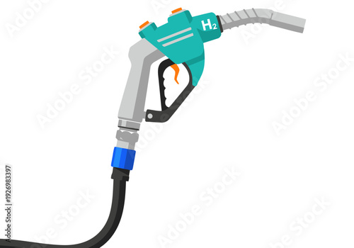 A stylized illustration depicts a hydrogen fuel nozzle with ?H2? branding. Clean, modern design, ideal for tech and sustainability concepts. Bright teal and gray color scheme.