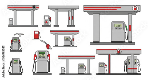 Various illustrations of gas stations and fuel pumps for vehicle refueling services.