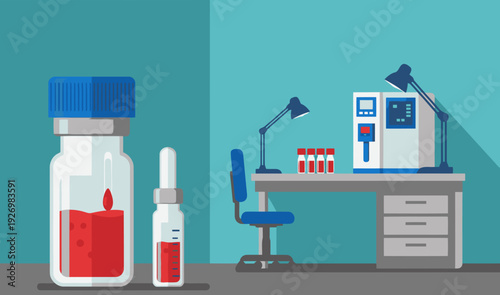 A vibrant lab scene showcases glucose testing equipment and blood samples. Modern design, clear data display, and professional setting. Ideal for health, science, and medical visuals.