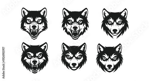 A collection of six husky dog head designs showcasing varying expressions and a bold graphic silhouette high quality professional detailed modern
