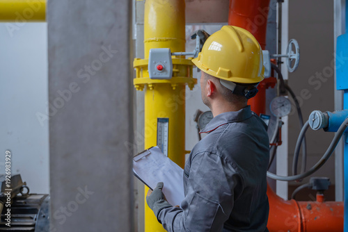 Cuadro en lienzo Asian engineer wearing glasses working in the boiler room,maintenance checking t