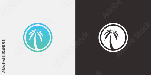Palm tree logo design in a circle on white and black backgrounds.