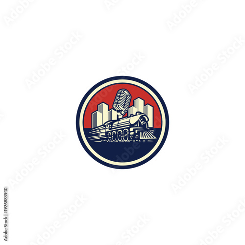 Podcast Train Cityscape Logo Audio Broadcasting and Urban Design.