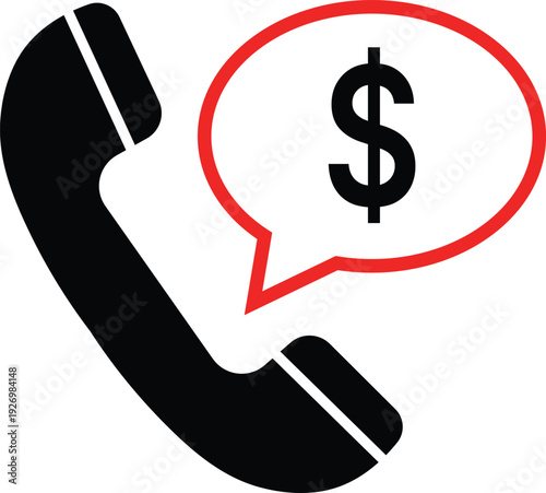Black telephone handset with red speech bubble containing dollar sign communication money