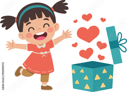 A cartoon illustration of a young girl with black hair in pigtails wearing a coral-colored dress with a white collar and bow tie detail.