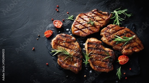 Wallpaper Mural Grilled juicy steak with rosemary and cherry tomatoes on slate background. Torontodigital.ca