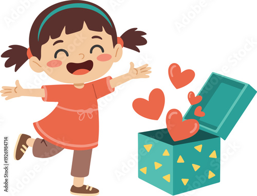 A cartoon illustration of a young girl with black hair in pigtails wearing a coral-colored dress with a white collar and bow tie detail.