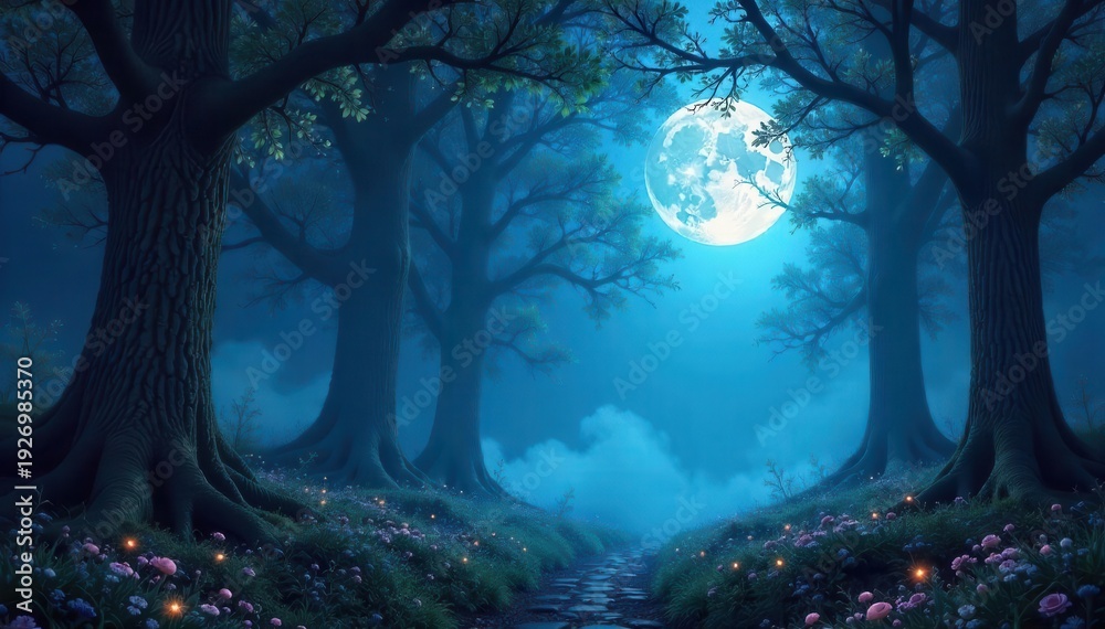 Fototapeta premium An ethereal dream wallpaper featuring a mystical forest illuminated by moonlight, creating a magical and enchanting atmosphere , forest, dreamlike