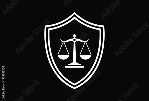 White justice scales symbol inside a shield on black background legal balance