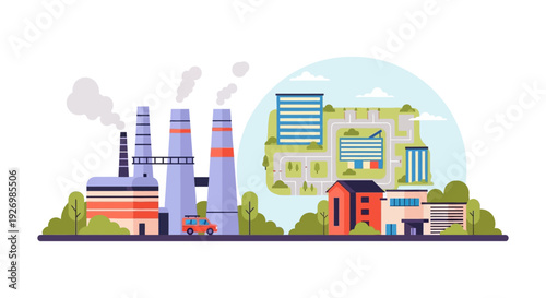 Industrial Factory Emissions Near Modern City: Urban Development & Environmental Impact