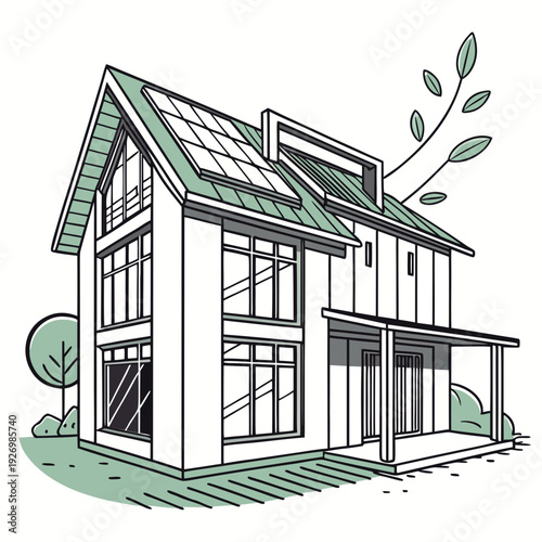 A white house with a green roof and a covered porch