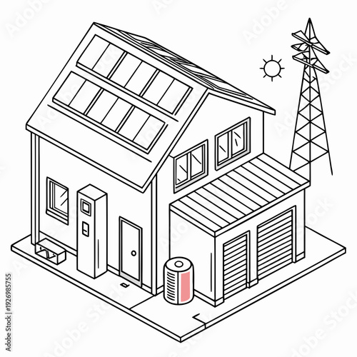 A house with solar panels and a cell tower