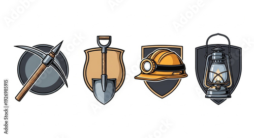 Mining tools and equipment displayed on badges, representing the mining industry.