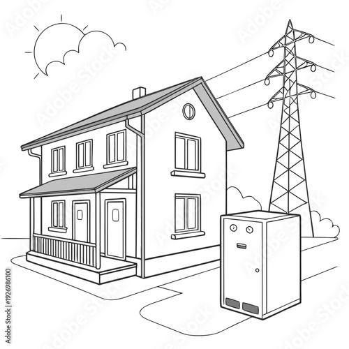A house with a power line and a generator