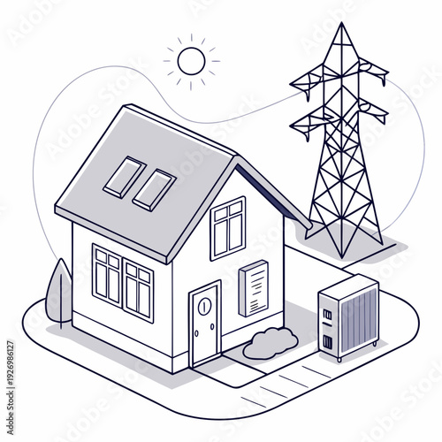 A house with a power line and a solar panel