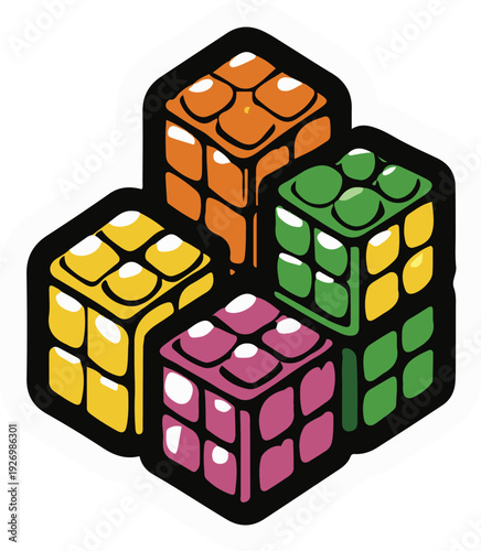 Minimalist frozen mixed vegetable cubes vector sticker, bold black thick clean outline, pure white background, isolated object 3