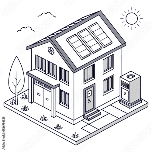 A house with solar panels on the roof and an air conditioner outside