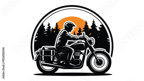 Adventurous couple riding a vintage motorcycle through a scenic forest at sunset